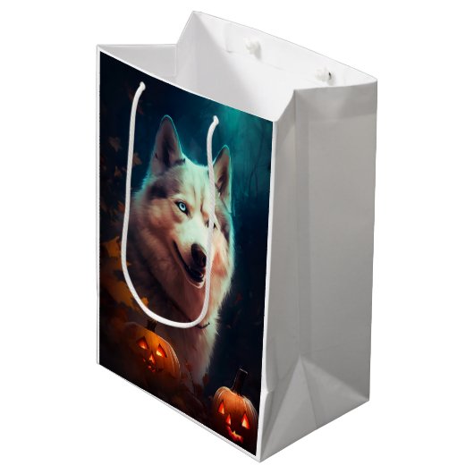Halloween Siberian Husky met pompoenen eng Medium Cadeauzakje (Voorkant Gekanteld)