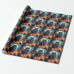 Halloween Siberische Kat Met Pompoenen Griezelen Cadeaupapier
