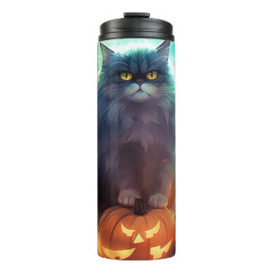 Halloween Siberische Kat Met Pompoenen Griezelen Thermosbeker