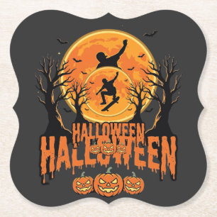 Halloween Skateboard Maan Ontwerp Halloween Kartonnen Onderzetters