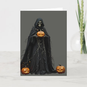 Halloween Skelet Draagt Zwarte Kapmantel Knip Feestdagen Kaart