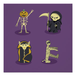 Halloween Skelet Dracula Mummy Grim Reaper Perfect Poster