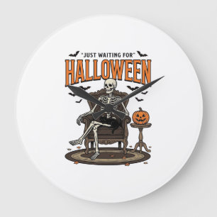 Halloween skelet gewoon wachtend grappig vintage_1 grote klok