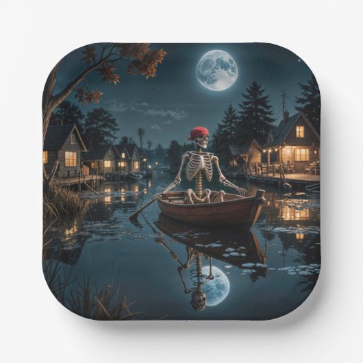 Halloween skelet in een roeiboot papieren bordje (Voorkant)