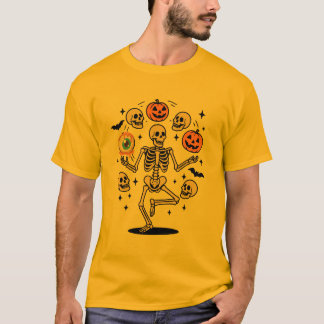 Halloween skelet jonglerend met pompoenen schedels t-shirt