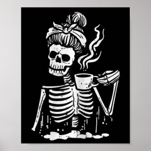 Halloween Skelet Messy Bun Koffie Grappig Kostuum Poster