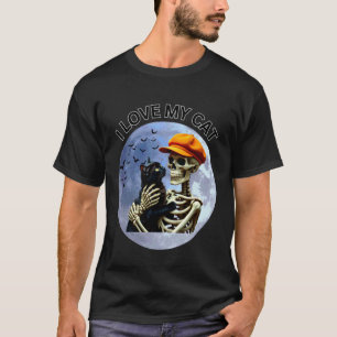 Halloween-skelet met een kat onder de volle maan t-shirt