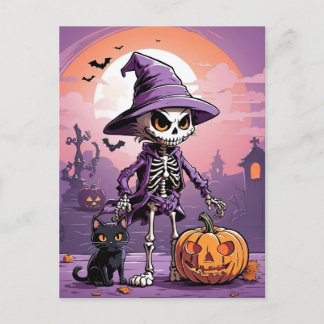 Halloween skelet met zwarte kat en pompoen briefkaart