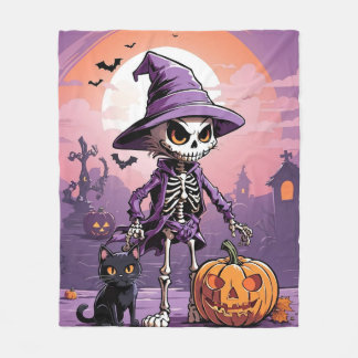 Halloween skelet met zwarte kat en pompoen fleece deken