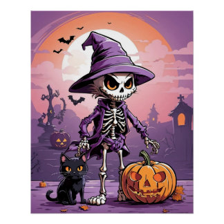 Halloween skelet met zwarte kat en pompoen perfect poster