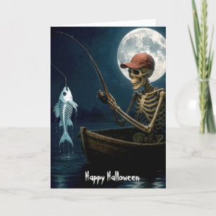 Halloween Skelet Vissen Vanuit Een Houten Roeiboot Kaart