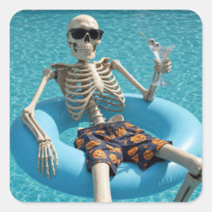 Halloween-skelet zwevend in een zwembad vierkante sticker
