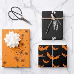 Halloween Skeleton Botten Bats & Spider Webs Oranj Inpakpapier Vel