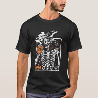 Halloween Skeleton Drinking Coffee Smiling Skull T-shirt