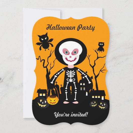 Halloween skeleton kind gaat een truc in of behand kaart (Voorkant)