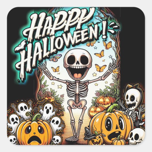 Halloween Skeleton no1 Classic Square Stickers (Voorkant)