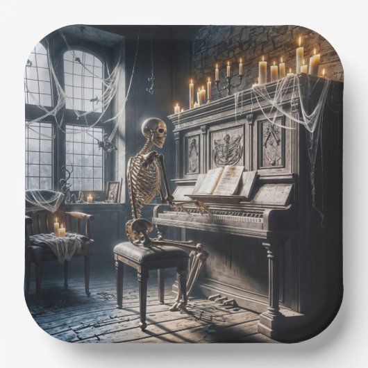 Halloween Skeleton Pianist Papieren Bordje (Voorkant)