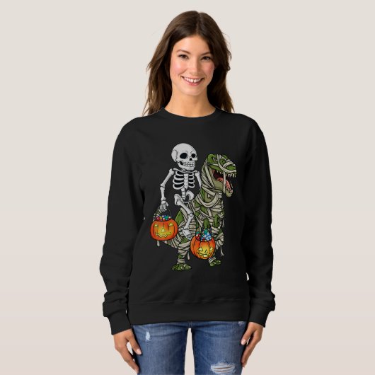 Halloween Skeleton Riding Mummy Dinosaur Rex Pump Trui (Voorkant volledig)