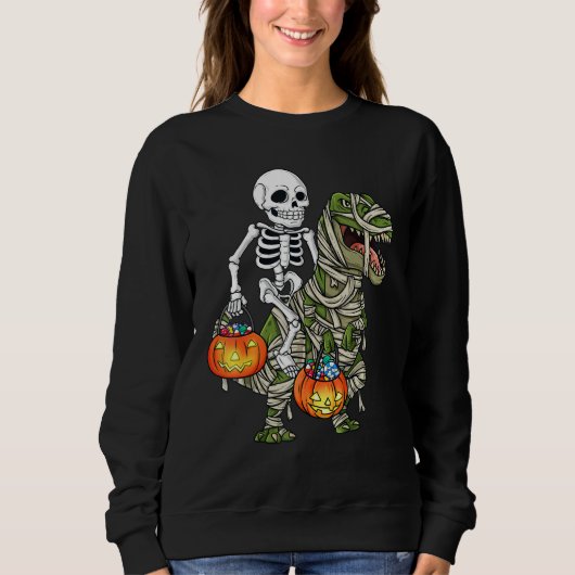 Halloween Skeleton Riding Mummy Dinosaur Rex Pump Trui (Voorkant)