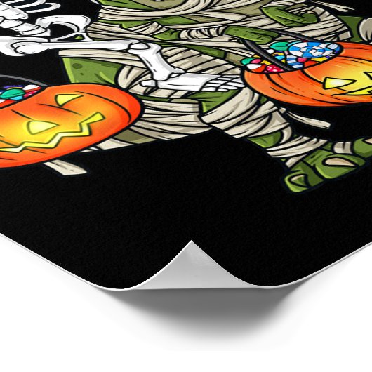 Halloween Skeleton Riding Mummy Dinosaur T Rex Fun Poster (Hoek)