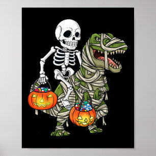 Halloween Skeleton Riding Mummy Dinosaur T Rex Fun Poster