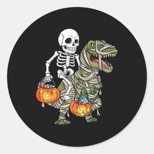 Halloween Skeleton Riding Mummy Dinosaur T Rex Fun Ronde Sticker (Voorkant)
