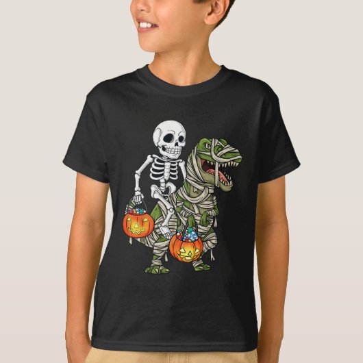 Halloween Skeleton Riding Mummy Dinosaur T Rex Fun T-shirt (Voorkant)