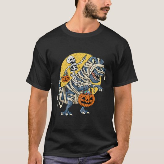 Halloween Skeleton Riding Mummy Dinosaur T rex Pum T-shirt (Voorkant)