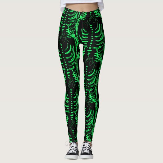 Halloween Skeleton Spooky Doodle Pattern Neon Leggings (Voorkant)