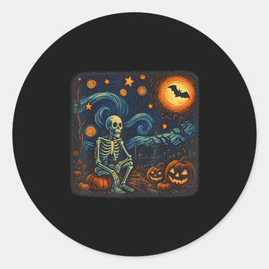 Halloween Skeleton Starry Night Van Gogh Pumpkin M Ronde Sticker (Voorkant)