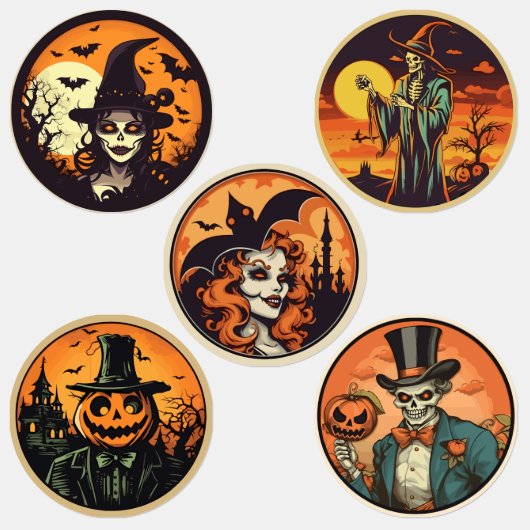 Halloween Skeleton Witch & Pumpkin Sticker Sheet – (Groupe)