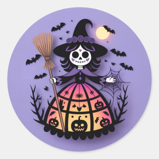 Halloween Skeleton Witch Ronde Sticker (Voorkant)