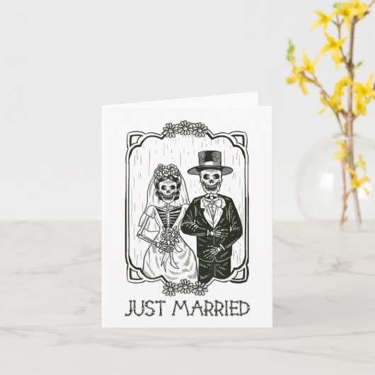 Halloween Skeletons bruid en bruidegom net getrouw Kaart (Gele Bloem)