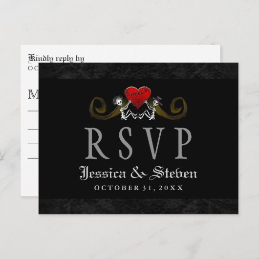 Halloween Skeletons & Heart Matching Wedding RSVP Uitnodiging Briefkaart (Voorkant / Achterkant)