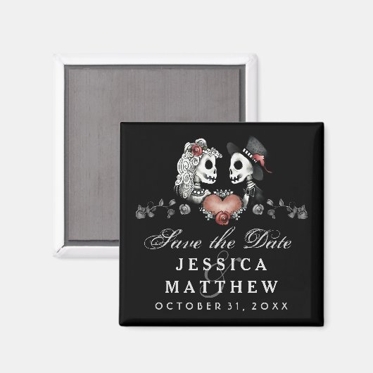 Halloween Skeletons Zwart Hart Save the Date Magneet (Voorkant / Achterkant)