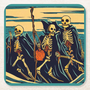 Halloween - skeletten houtsnede 3 vierkante kartonnen onderzetter
