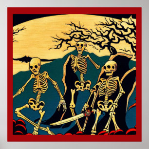Halloween - Skeletten Houtsnede 4 Poster