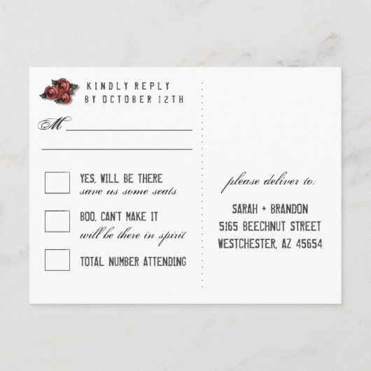 Halloween Skeletten Zwart Grijs & Rood Hart RSVP Uitnodiging Briefkaart (Achterkant)