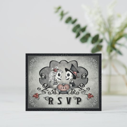 Halloween Skeletten Zwart Grijs & Rood Hart RSVP Uitnodiging Briefkaart (Staand voorkant)
