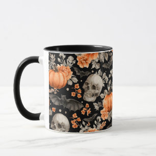 Halloween Skull Bats en Bloemen Zwart Mok
