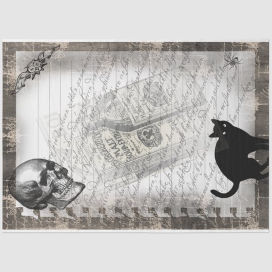 Halloween Skull en Black Cat Script Ephemera Tissuepapier (Voorkant)