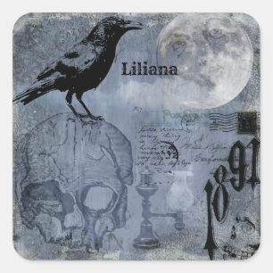 Halloween Skull en Crow Customize Vierkante Sticker