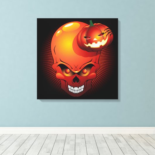 Halloween Skull en Pumpkin Canvas Print (Insitu (Houten vloer))