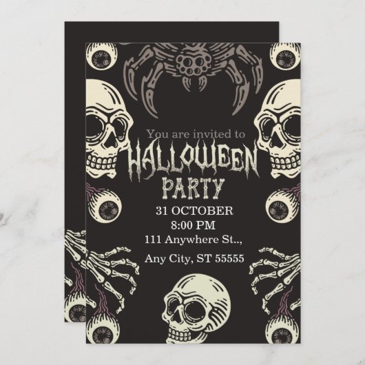 Halloween Skull Invitation Zwart Wit Kaart (Voorkant / Achterkant)