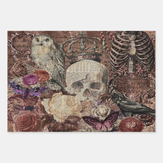 Halloween Skull met kroon en uil Inpakpapier Vel (Voorkant 3)
