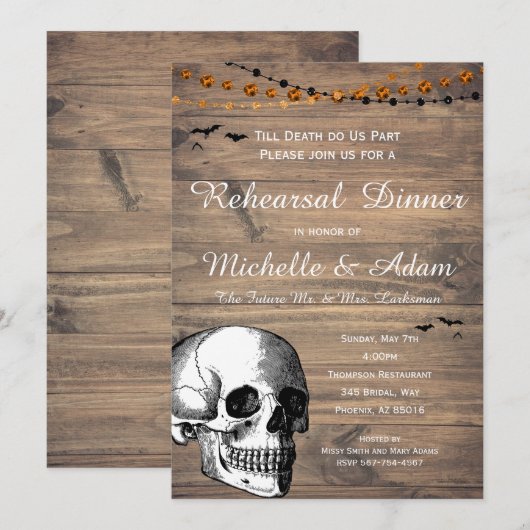 Halloween Skull Rustic Wedding Rehearsal Dinner Kaart (Voorkant / Achterkant)