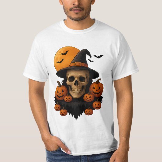 Halloween Skull With Pumpkins and Witch Hat T-Shir T-shirt (Voorkant)