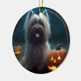 Halloween Skye Terrier Met Pompoenen Eng Keramisch Ornament