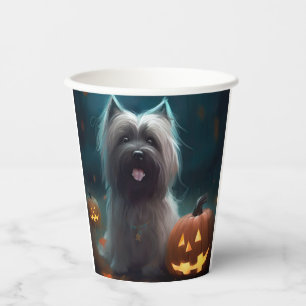 Halloween Skye Terrier Met Pompoenen Eng Papieren Bekers