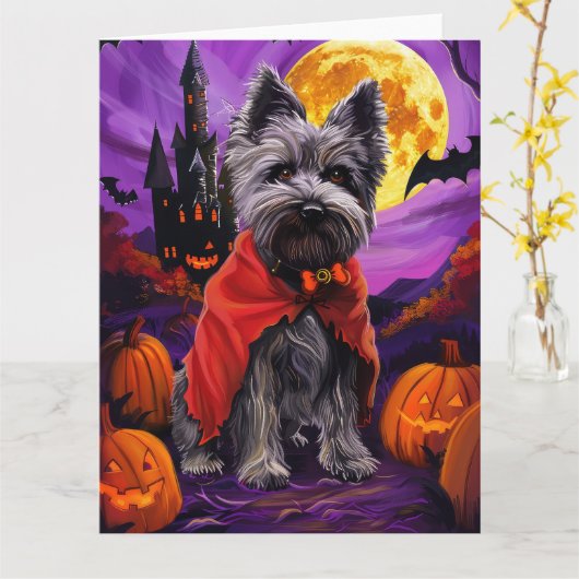 Halloween Skye Terrier Vampire Pumpkins eng Kaart (Gele Bloem)